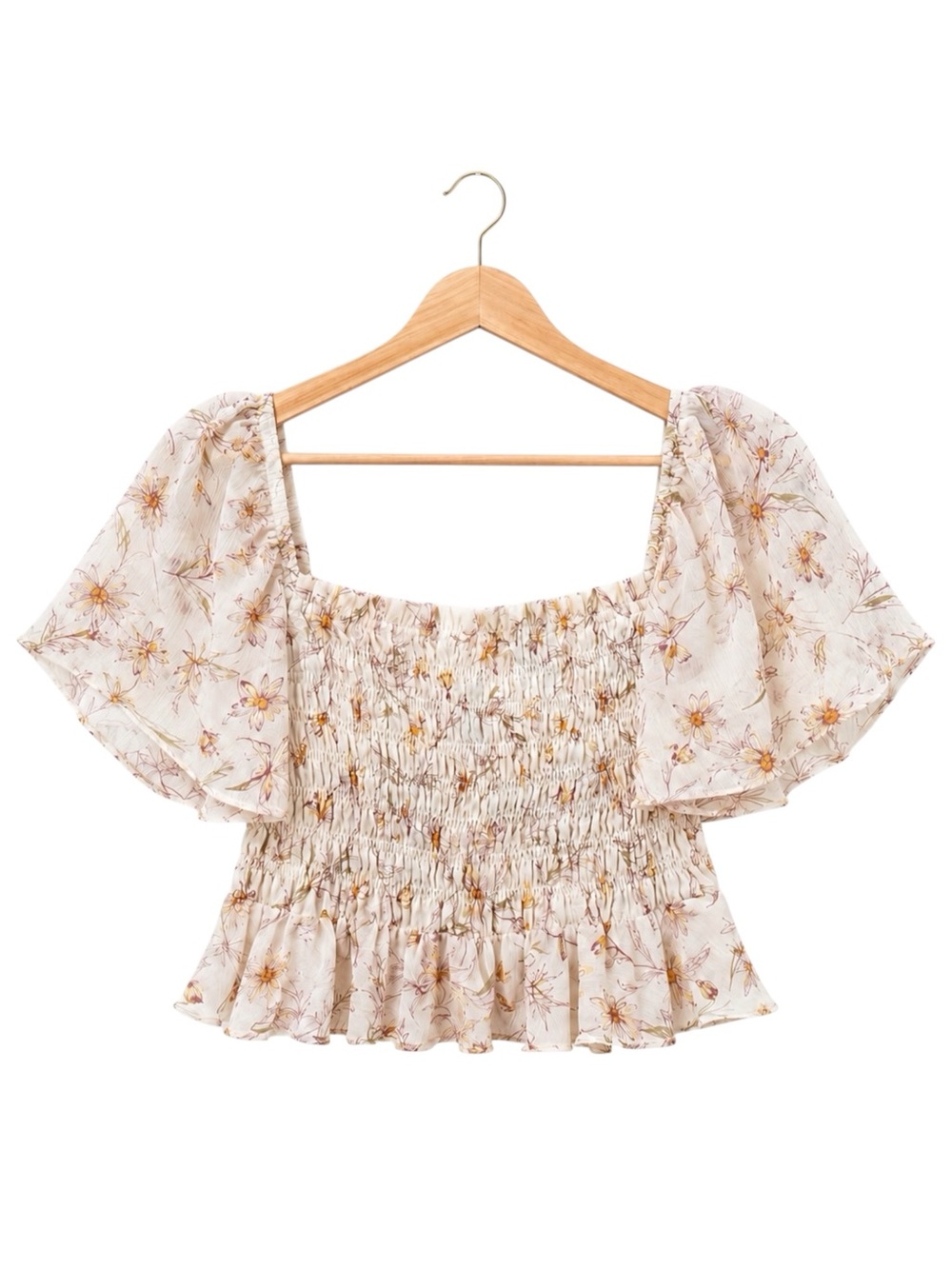Floral Smocked Peplum Crop Top Puff Sleeve Cottagecore Fairy Peasant‎ Size L